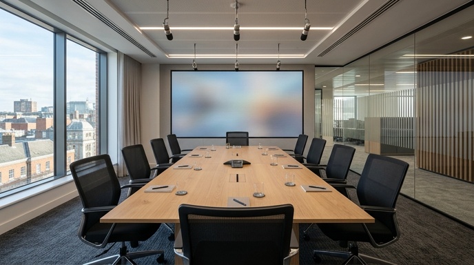 Large seamless LED video wall in a modern Irish corporate lobby reception