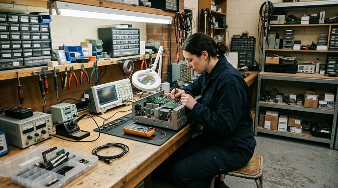 AV technician inspecting a control rack in an equipment room