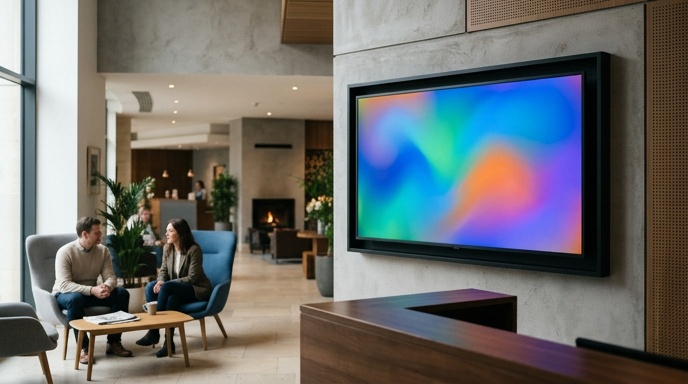 Digital signage screen mounted in an Irish retail store showing graphic content