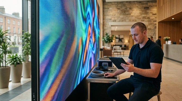 Large indoor LED video wall installed in an Irish arena lobby showing vibrant graphics