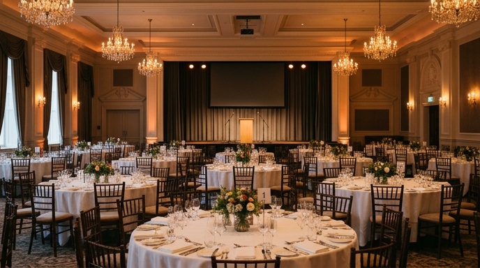 Corporate awards ceremony in Dublin ballroom with large LED video wall and stage lighting