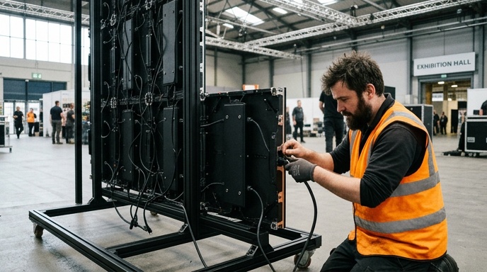 Large LED video wall being installed inside an Irish conference venue with a technician checking cables