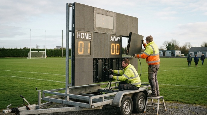 Large LED scoreboard installed at an Irish GAA club pitch