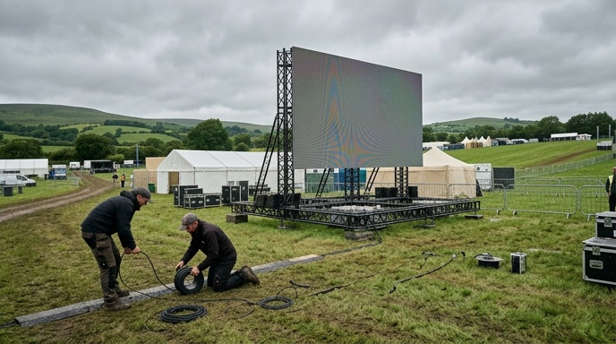 Event technician operating a laptop and video processor to run content on a large indoor LED screen