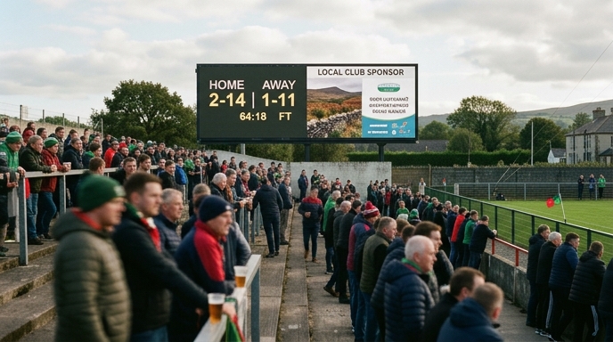 Technicians setting up a modular LED rental scoreboard beside a GAA pitch
