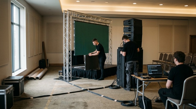 Corporate conference stage with LED screen and audience at an Irish hotel venue