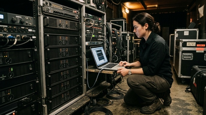 Technician testing a circuit board inside an LED processor with a multimeter