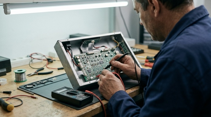 technician repairing led processor board