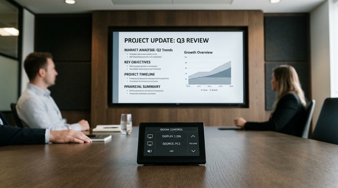 Modern boardroom with a large display showing remote participants during a video call