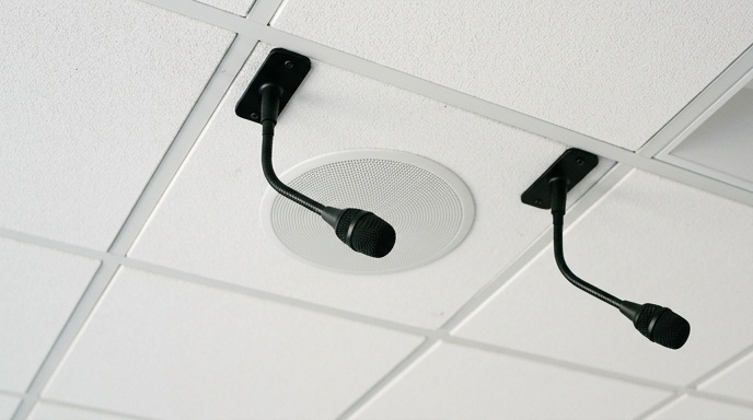 Large flat-panel boardroom display showing a presentation with a table control panel