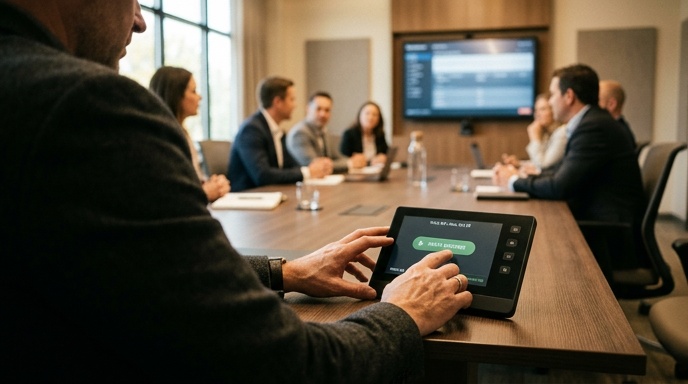 Ceiling-mounted microphones and speaker in a modern meeting room