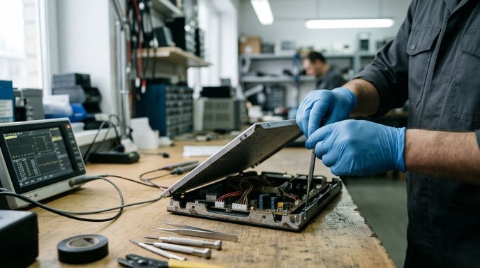 Technician checking cabling and power on a pitchside LED perimeter board