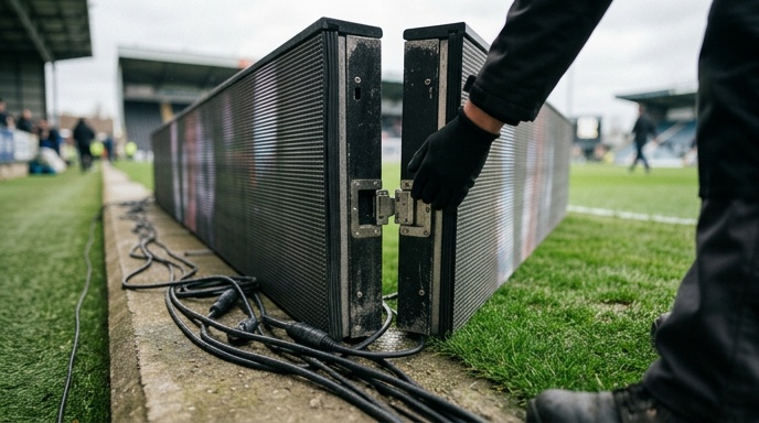 LED perimeter boards running along the edge of a floodlit Irish sports pitch