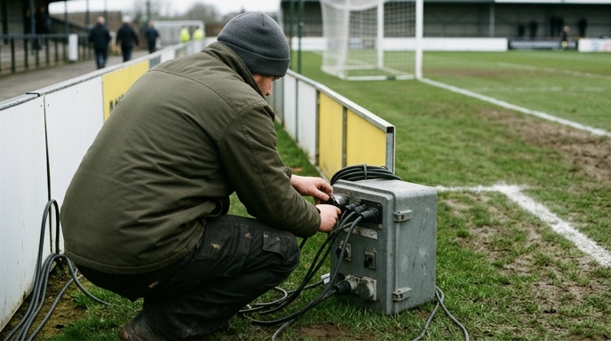 Two modular outdoor LED perimeter panels connected in a low frame at the pitch edge