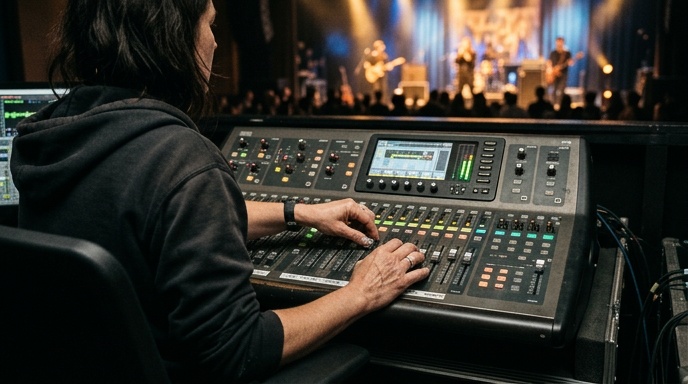 Event audio equipment including speakers, mixer and microphones laid out for hire