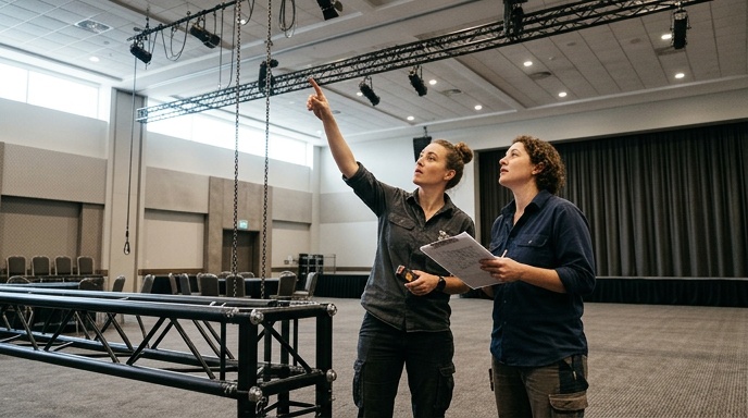 Event technician measuring a conference hall before an LED screen install