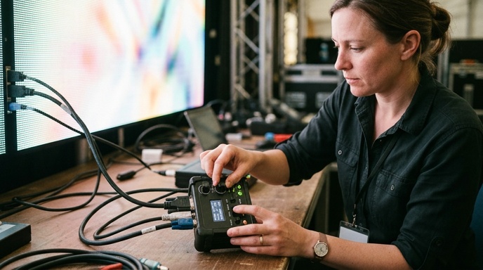 Technician checking cooling and ventilation on the back of an outdoor LED screen