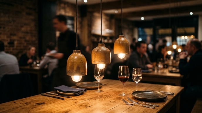 Warm Irish restaurant dining room lit with low pendant lights at dusk