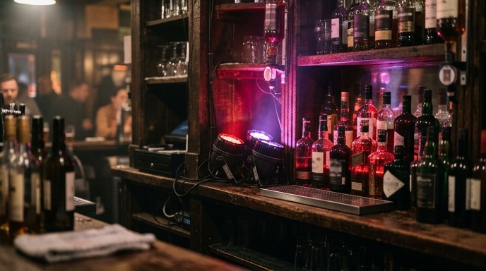 Irish pub interior lit with orange and red Halloween lighting and low haze